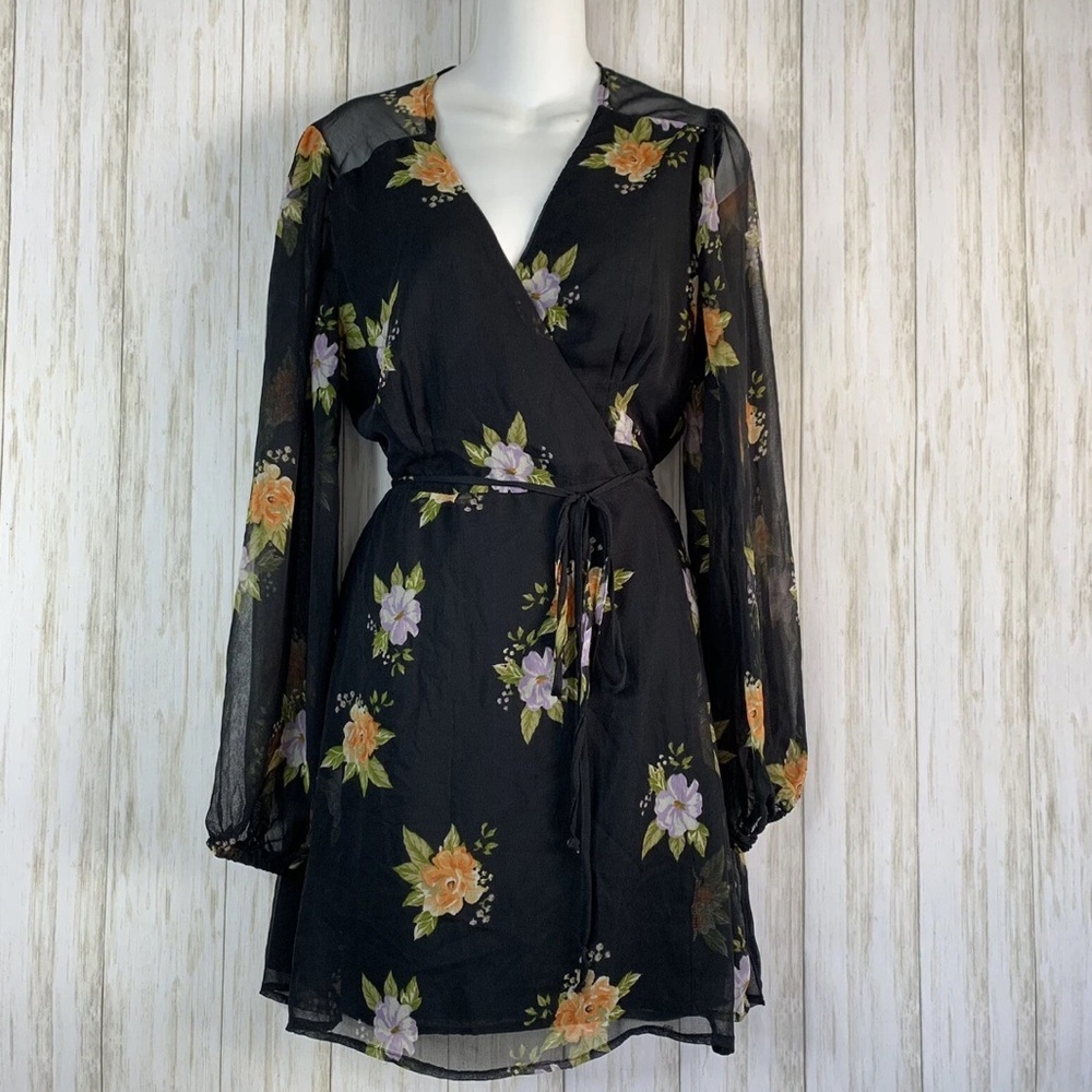 Urban Outfitters Black Floral Wrap Dress w/Sheer balloon Sleeves S Medium NWOT